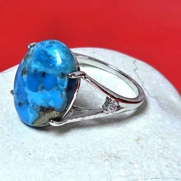 925 Sterling Silver Ring SZ 7 with Natural 12x15mm Turquoise Gemstone & CZ - Picture 11 of 12